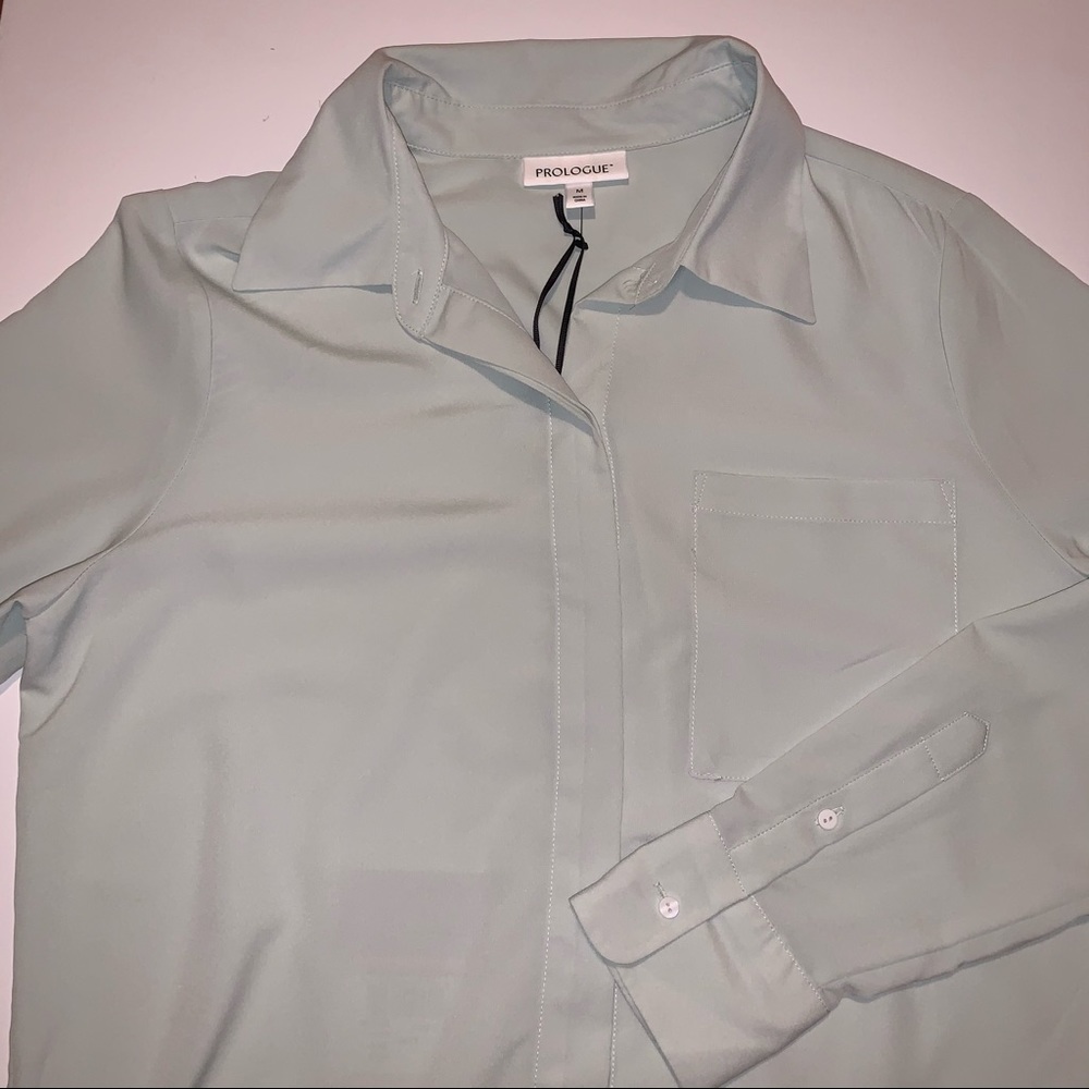 Mint Color Button Up Long Sleeve Chiffon Blouse